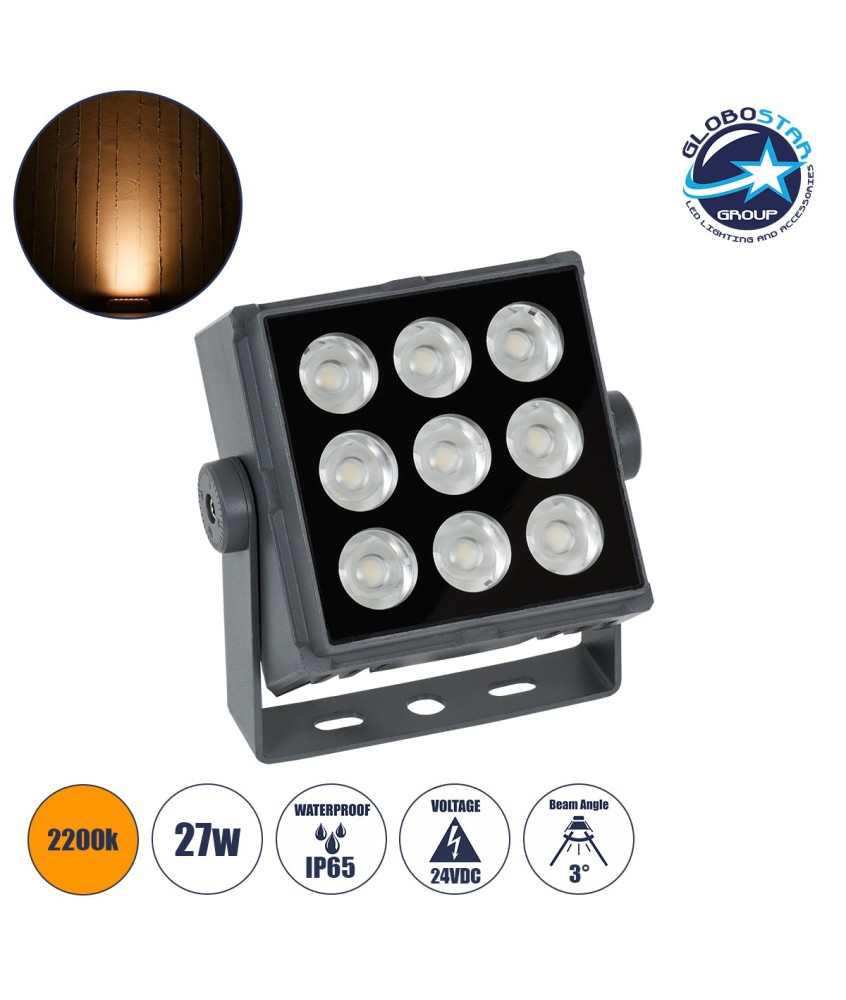 GLOBOSTAR® FLOODTINY 90367 Προβολέας Σποτ Wall Washer LED 27W 2835lm 3° DC 24V Αδιάβροχο IP65 Ultra Θερμό Λευκό 2200K Dimmable - Bridgelux SMD Chip - Γκρι Ανθρακί - Μ13.8 x Π16.4 x Υ7cm - 3 Χρόνια Εγγύηση